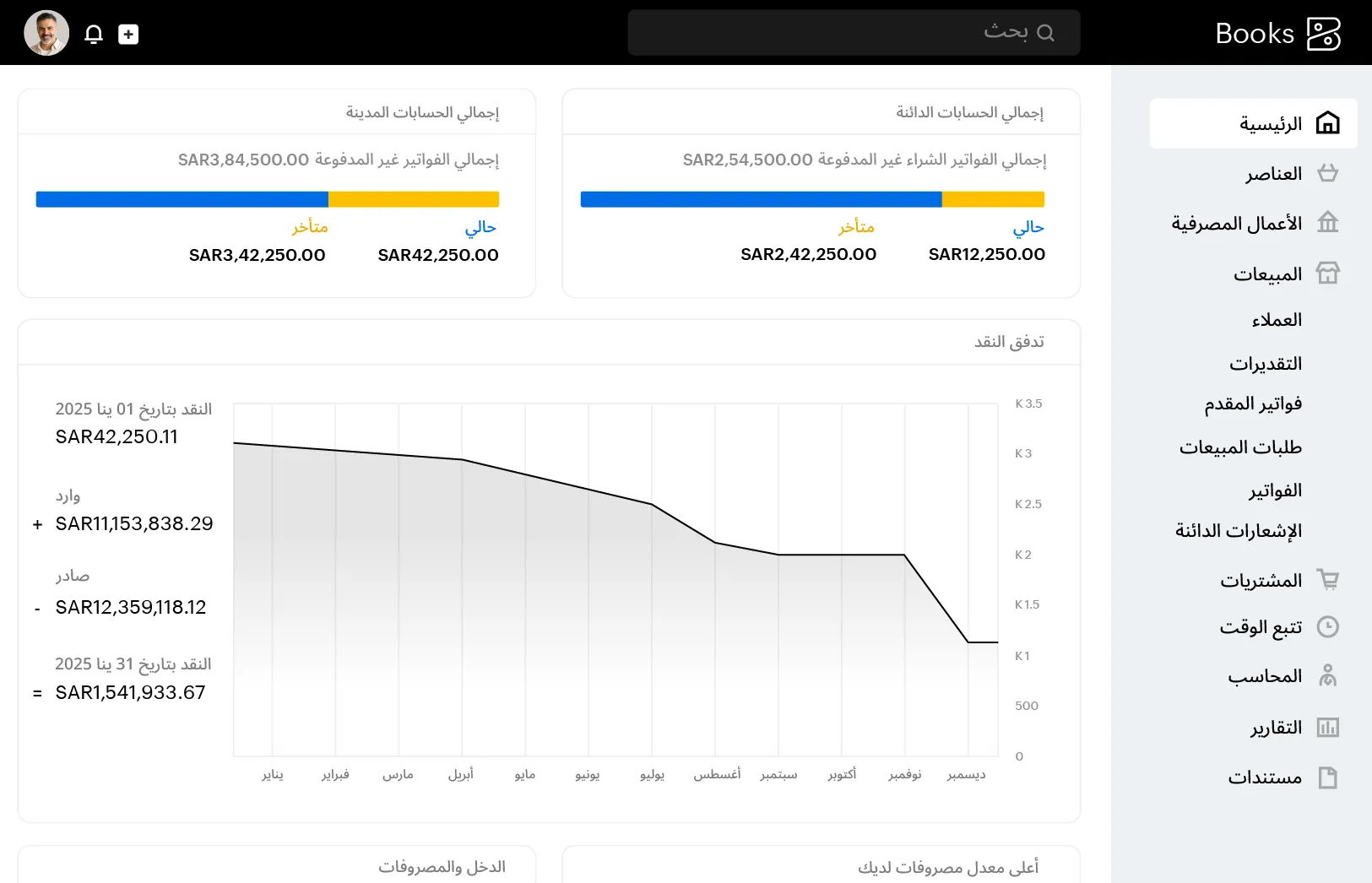 تعرض لوحة معلومات Zoho Books الافتراضية البيانات المالية. تعرض عناصر واجهة المستخدم إجمالي الحسابات الدائنة والمدينة والمبالغ المستحقة بالدولار الأمريكي، ورسمًا بيانيًا للتدفق النقدي باتجاه إيجابي.